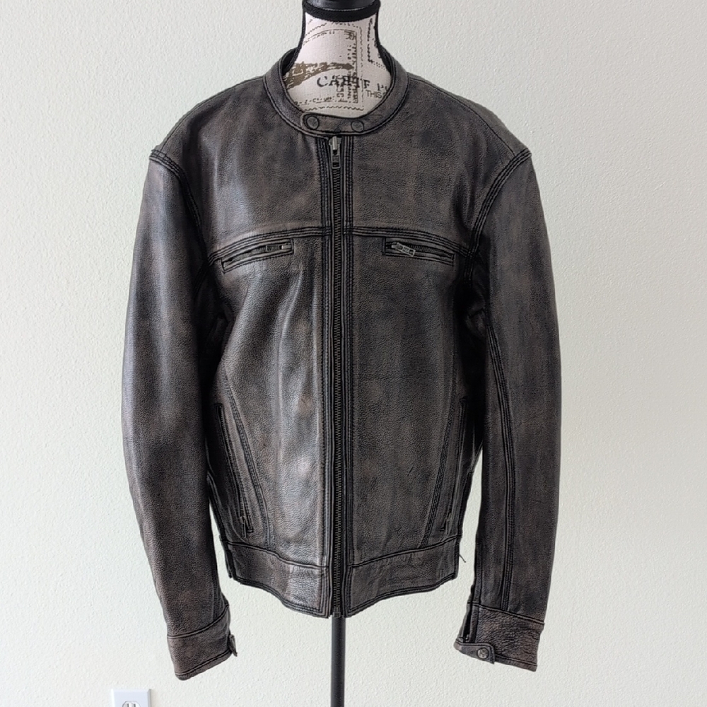 Men's Distressed Black Leather Bomber Jacket